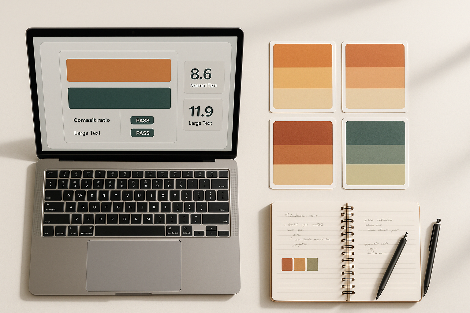 Designer's workspace showing accessibility testing tools on screen alongside printed retro color palette cards, illustrating the process of checking vintage-inspired colors for modern compliance
