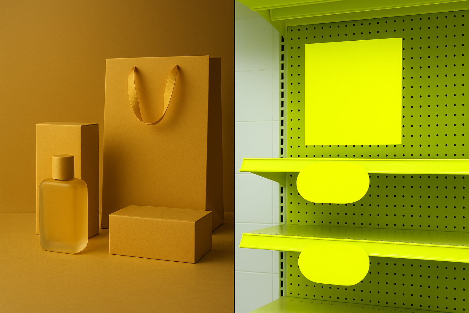 Split-screen comparison showing premium golden yellow in a luxury retail context versus harsh bright yellow in a discount retail setting, illustrating how saturation and context transform the same hue