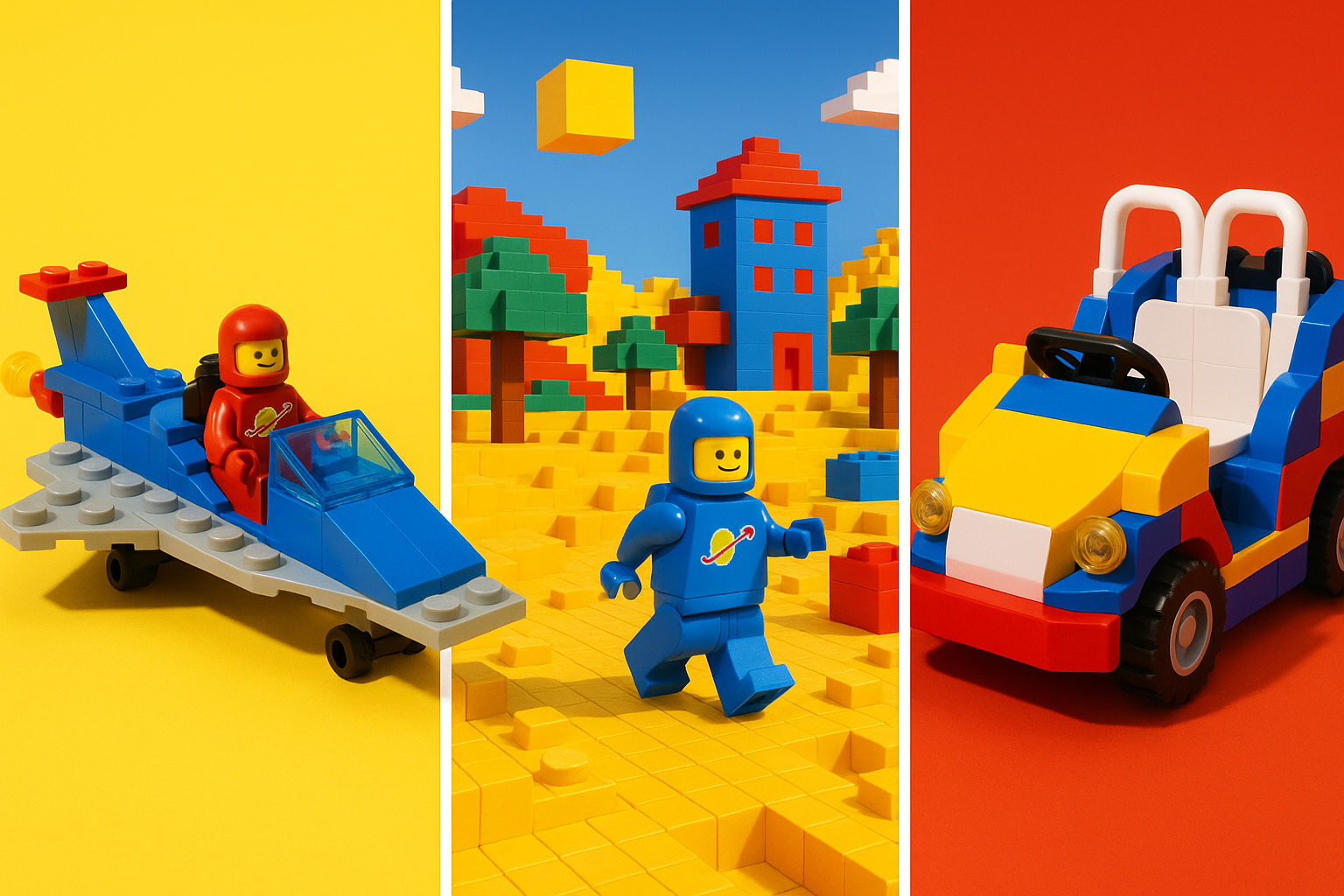 A collage-style composition showing LEGO's consistent color language across physical sets, video games, and theme park experiences, all sharing the same bold primary color palette