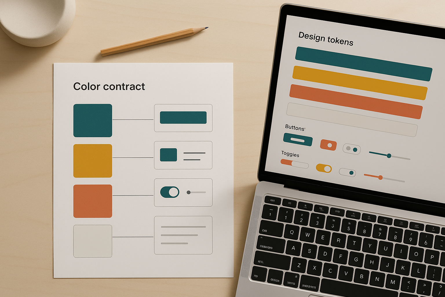Overhead view of a designer's workspace showing a printed color contract document with organized swatches mapped to UI components, alongside a laptop displaying a design token system.