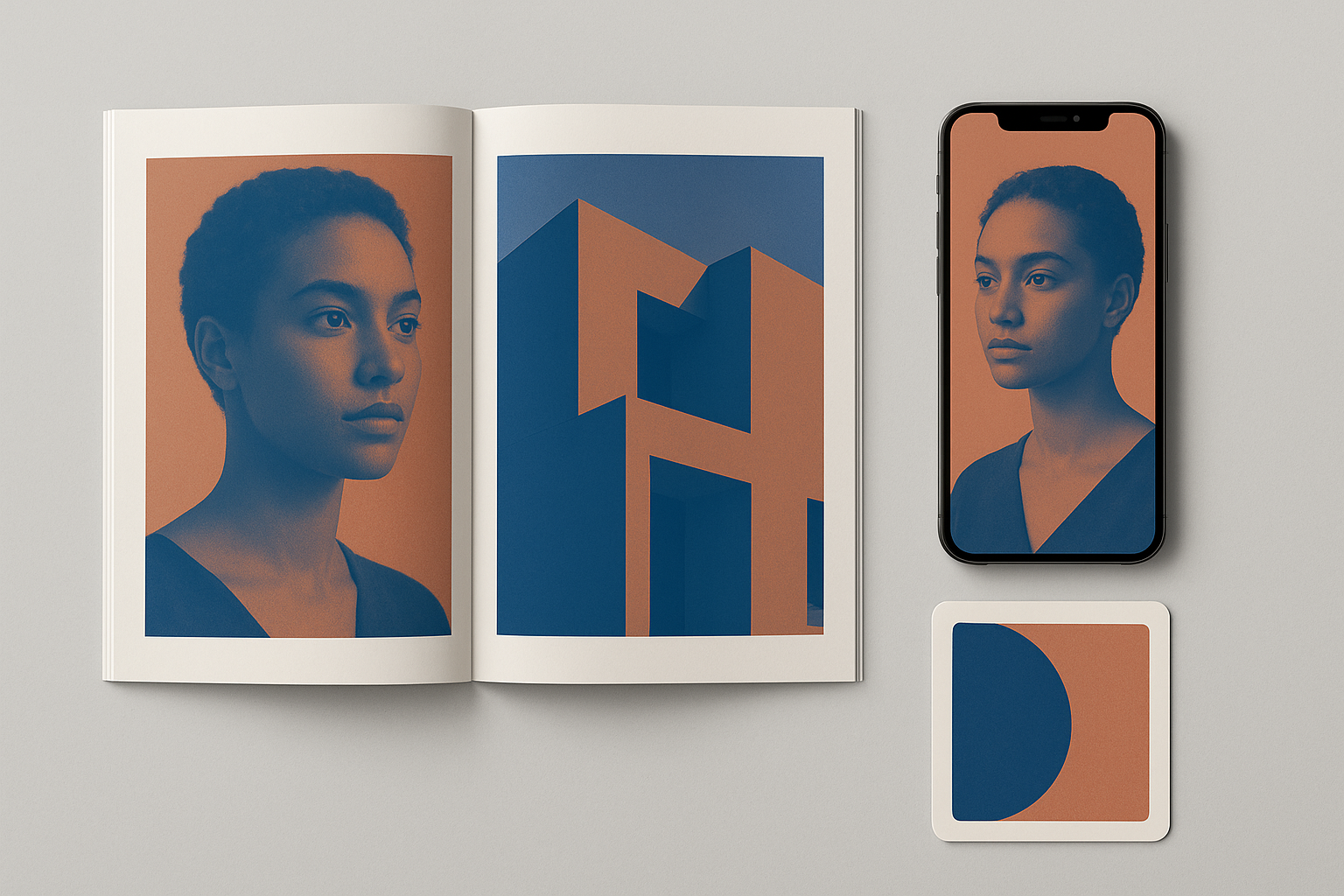 Editorial brand identity system mockup showing consistent duotone treatment in cobalt and terracotta applied across magazine, mobile, and social media formats