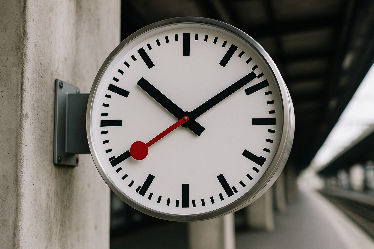 Close-up of a Swiss railway clock in a station setting, showing its iconic three-color design: white face, black indices, and red second hand against a grey station wall