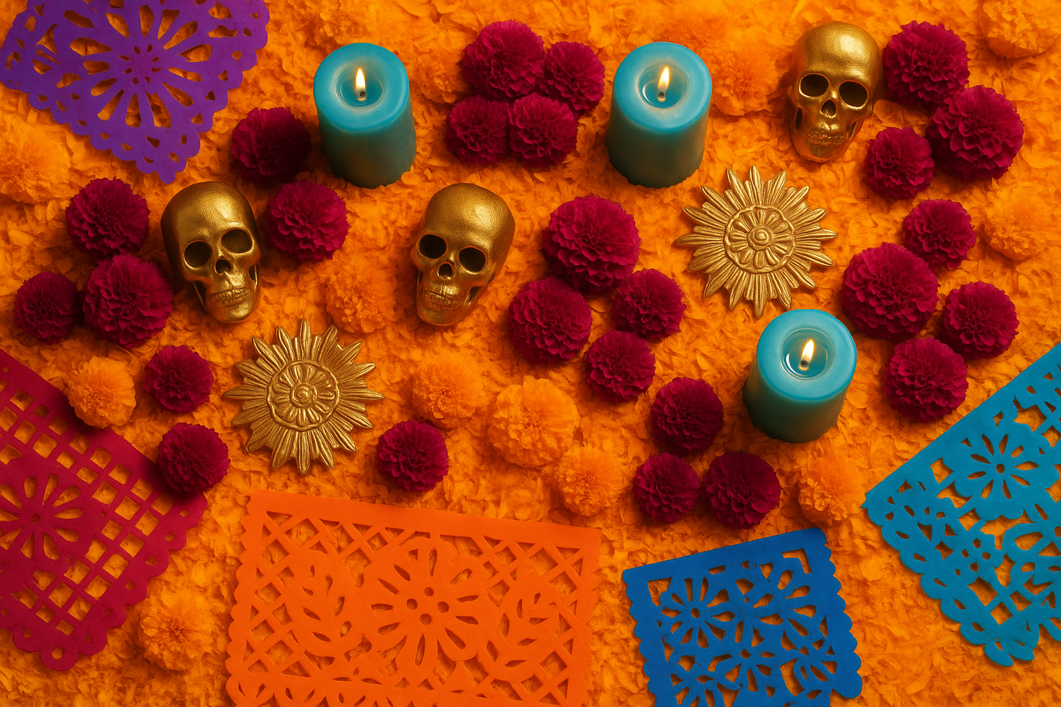 Overhead view of a colorful Día de los Muertos altar with orange marigolds, magenta flowers, turquoise candles, and golden decorations illustrating the vibrant mourning palette of Mexican tradition