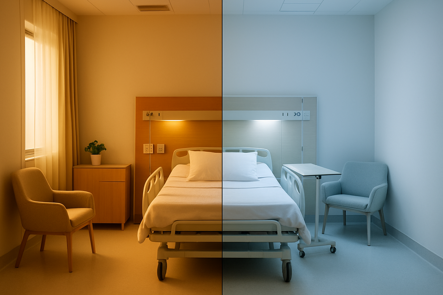 The same hospital room shown under warm versus cool lighting