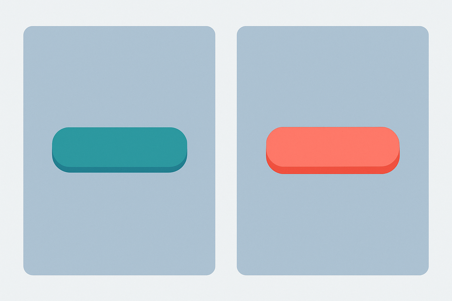 Before and after UI cards showing a flat same-temperature layout versus a corrected warm button on a cool background with clear depth.