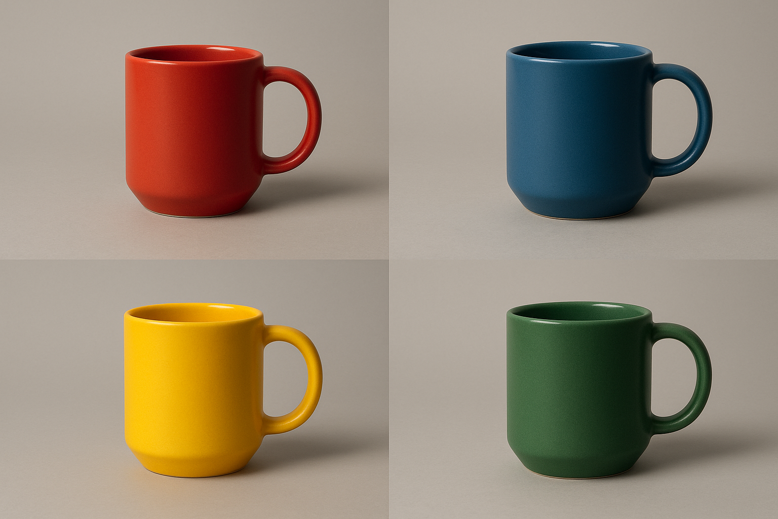 The same ceramic mug shown in four different colors arranged in a grid, each color suggesting a different mood.