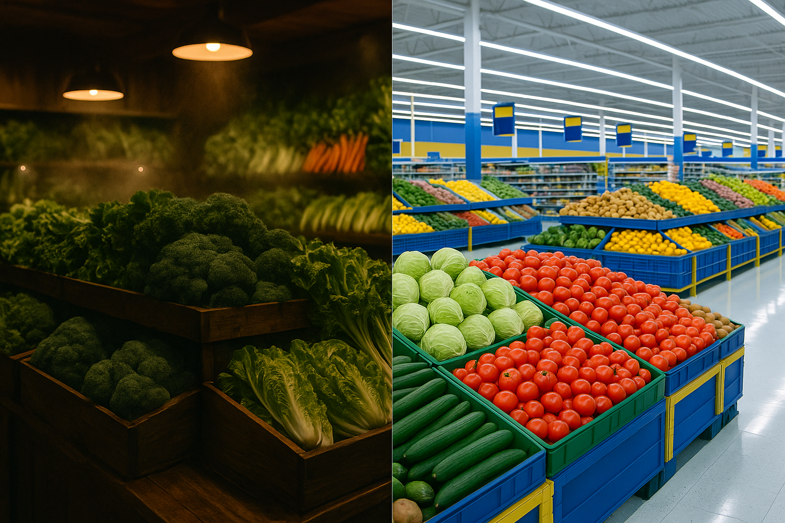 Split comparison of an upscale organic produce section versus a big-box supermarket produce section