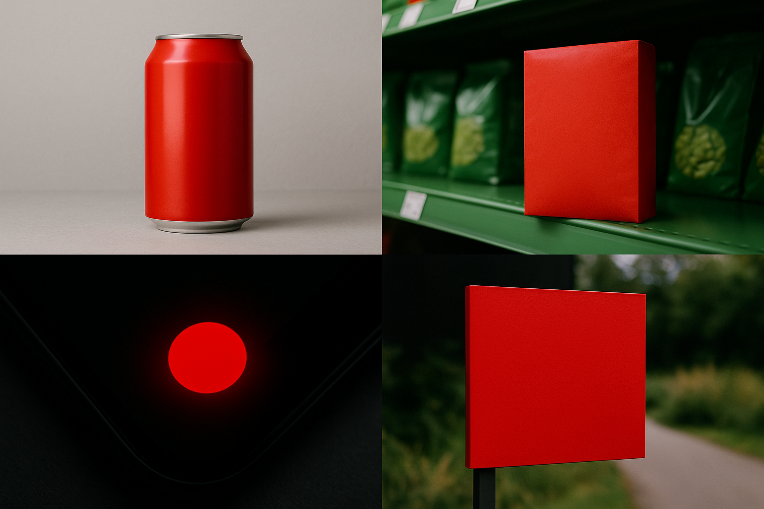 The same red brand color shown across four real-world contexts including a can, a grocery shelf, a phone screen, and outdoor signage, showing how context transforms color.